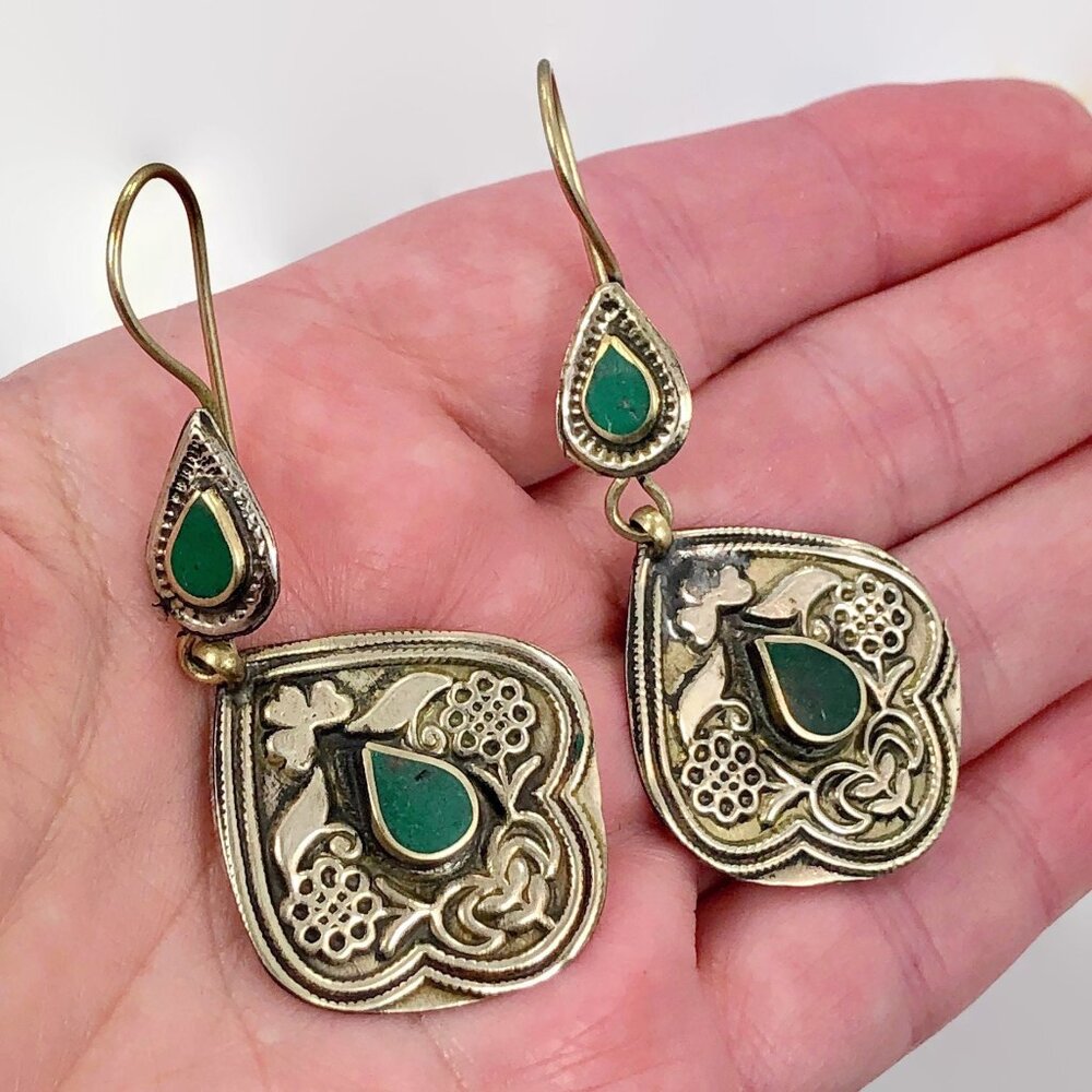 Afghan Earrings, Green Stone, Vintage Earrings, Middle Eastern, Kuchi, Boho